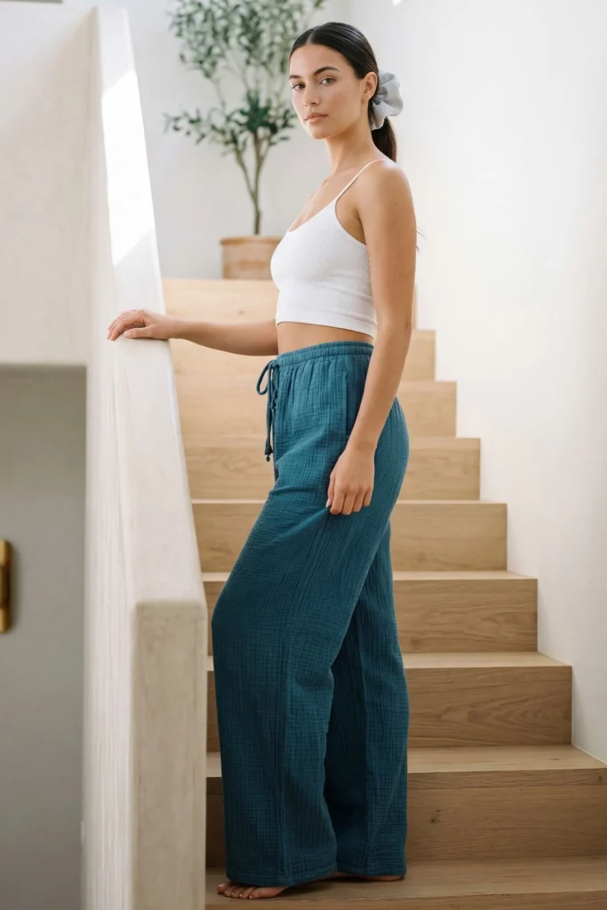 Womens Plain Drawstring Wide Leg Trousers