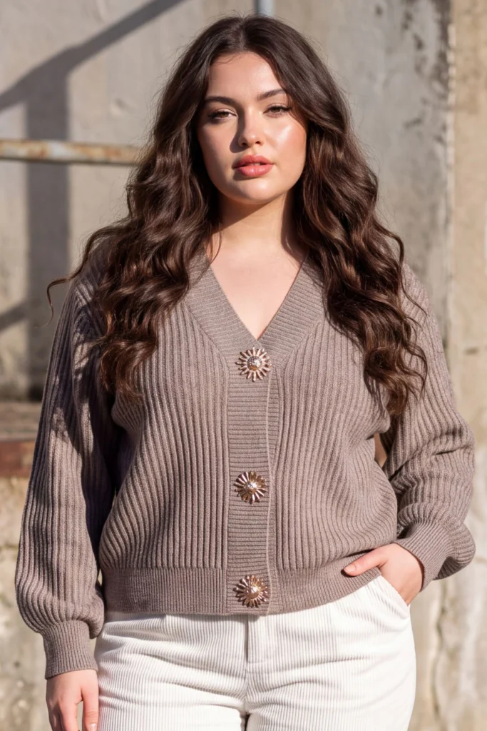 Womens Plain Ribbed Button Up Cardigan