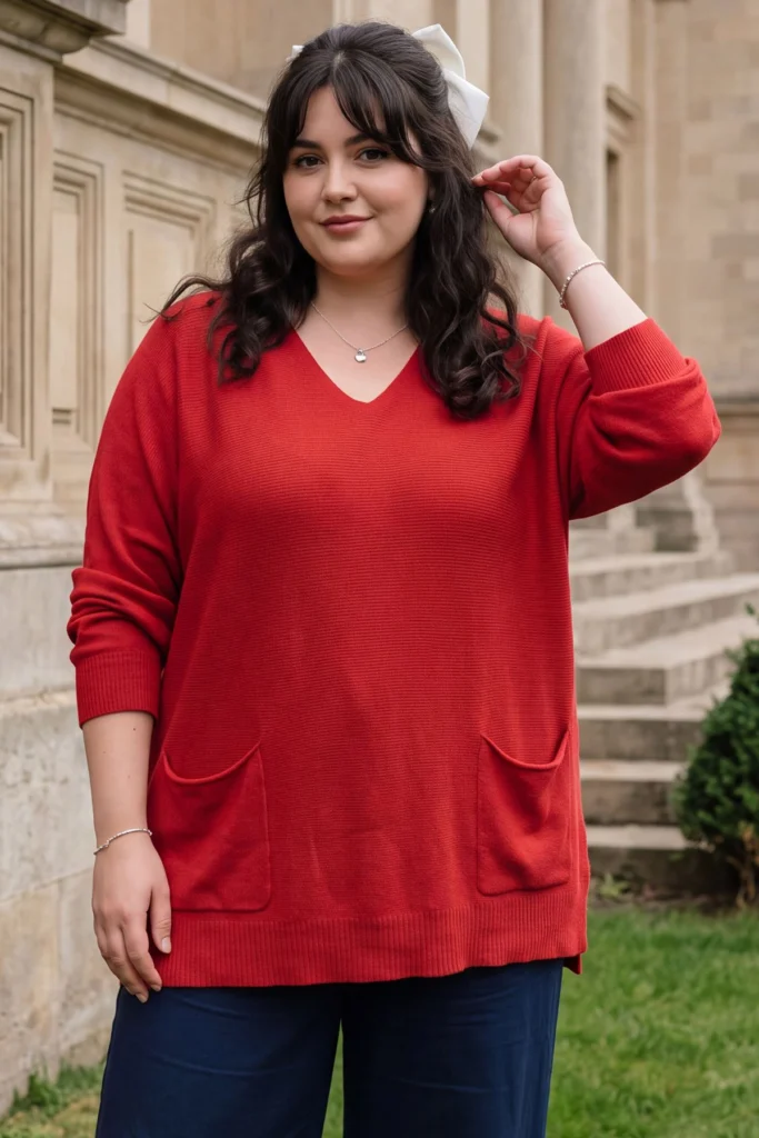 Womens Plain V Neck Knitted Jumper with Front Pockets
