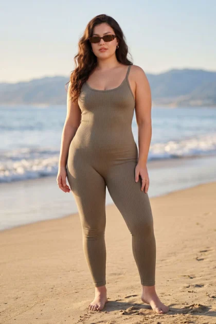 Womens Ribbed Full Length Stretch Jumpsuit