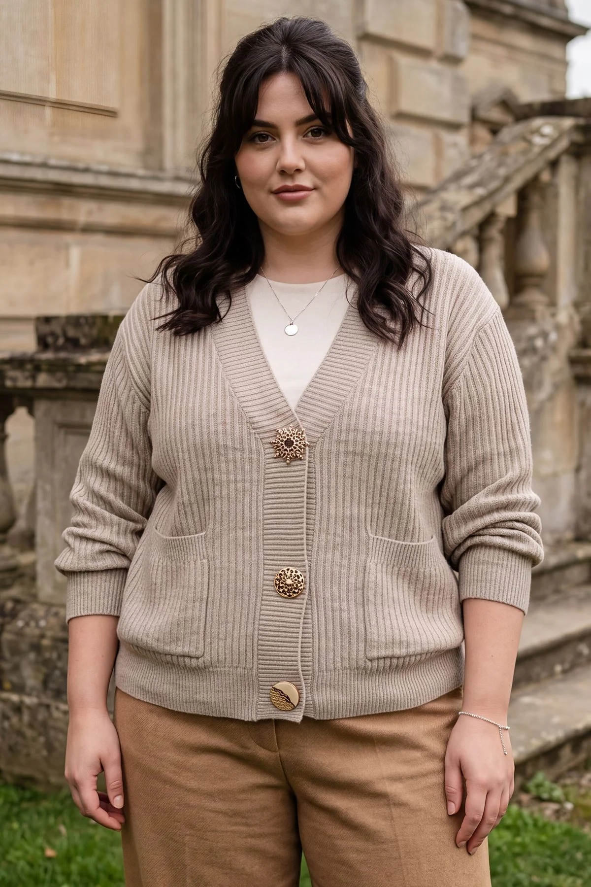 Womens V Neck Ribbed Gold Button Cardigan