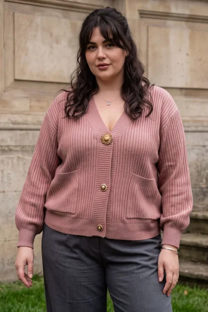 Womens V Neck Ribbed Gold Button Cardigan