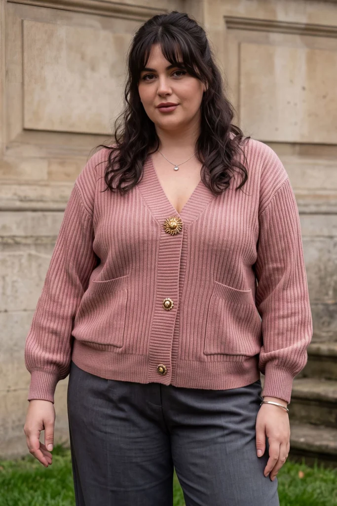 Womens V Neck Ribbed Gold Button Cardigan