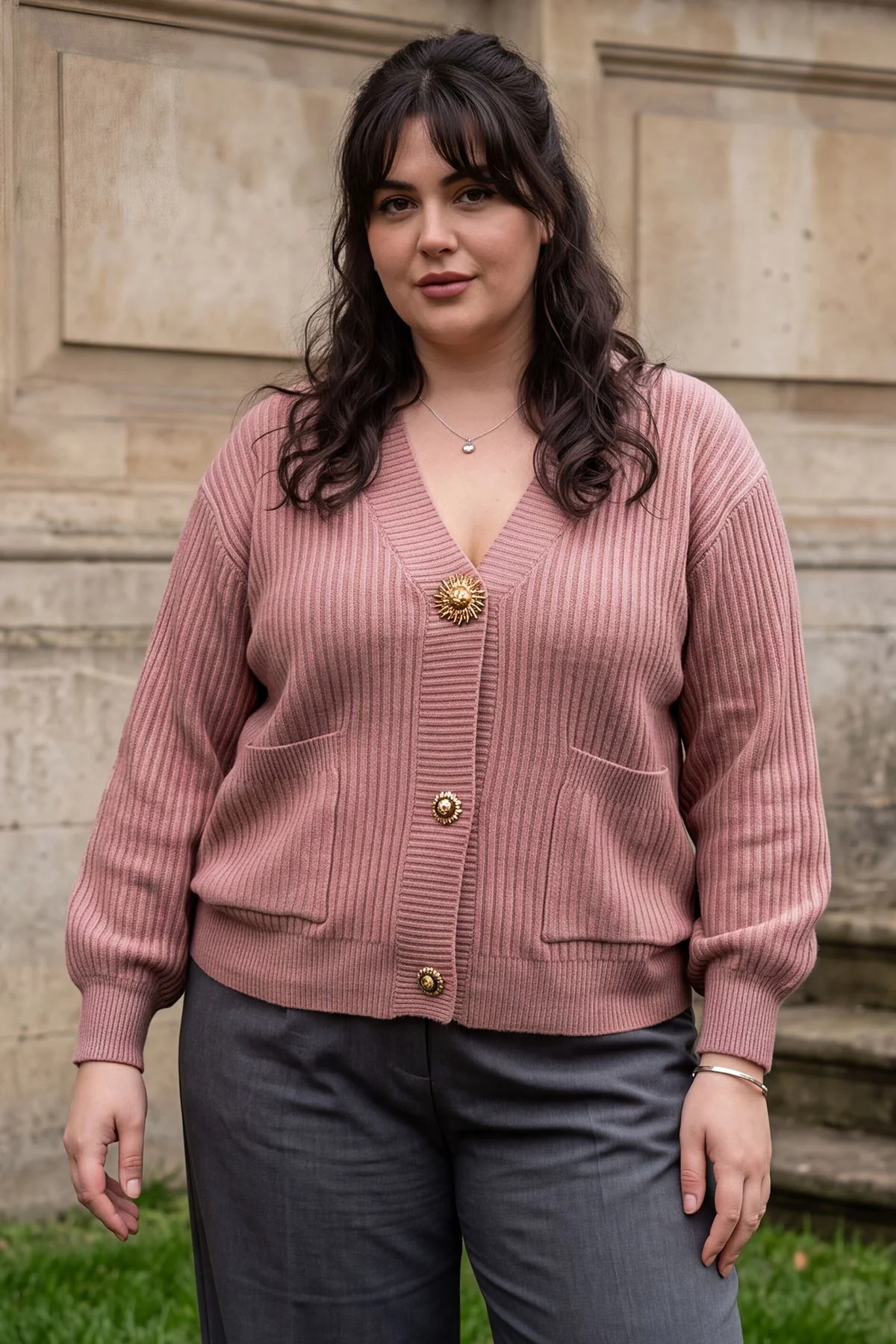 Womens V Neck Ribbed Gold Button Cardigan