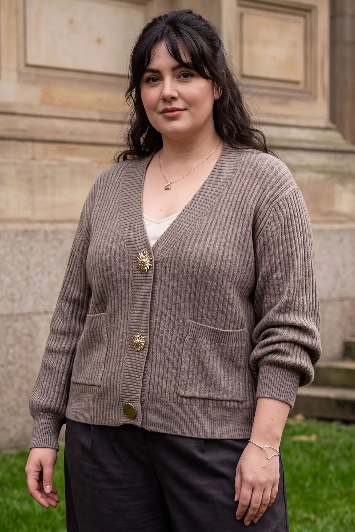Womens V Neck Ribbed Gold Button Cardigan