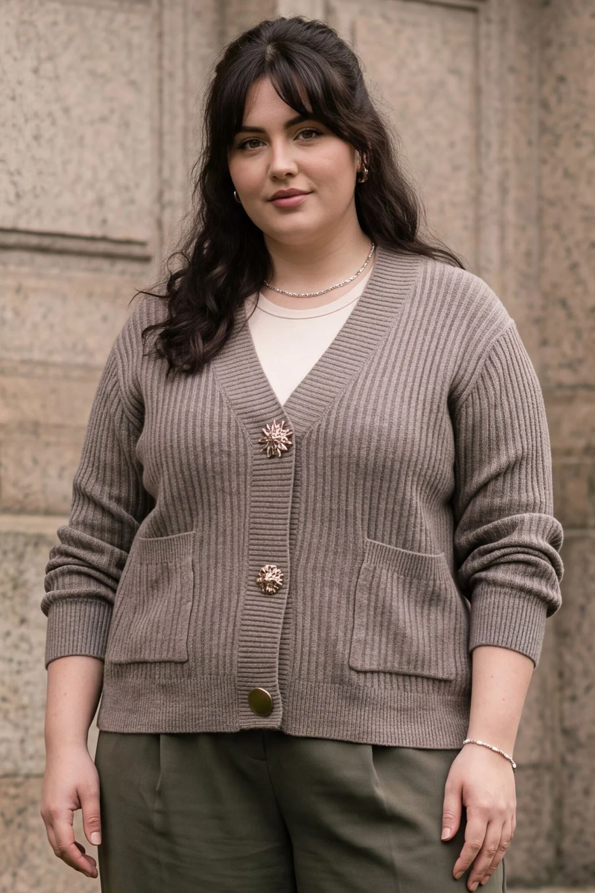 Womens V Neck Ribbed Gold Button Cardigan